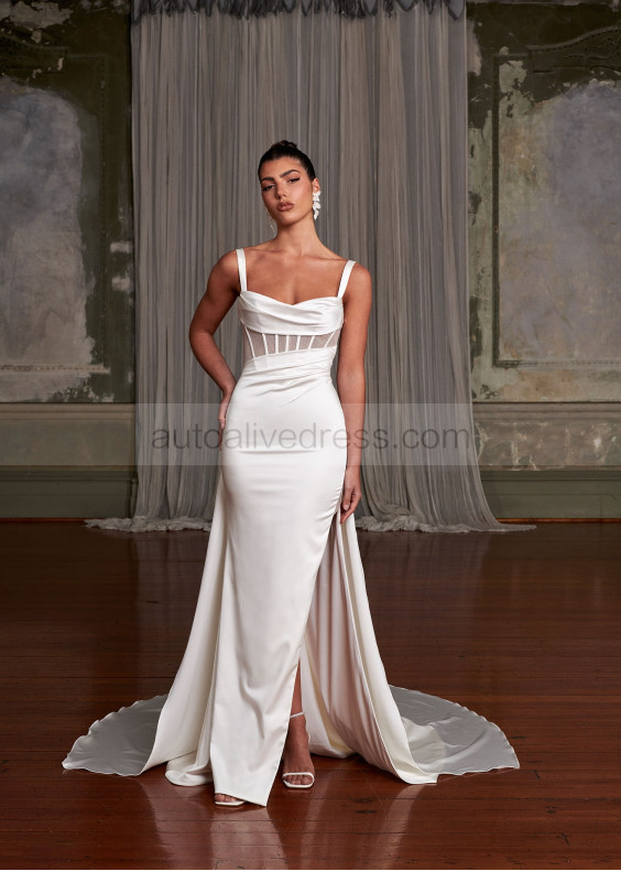 Ivory Satin Glitter Tulle Slit Minimalist Wedding Dress